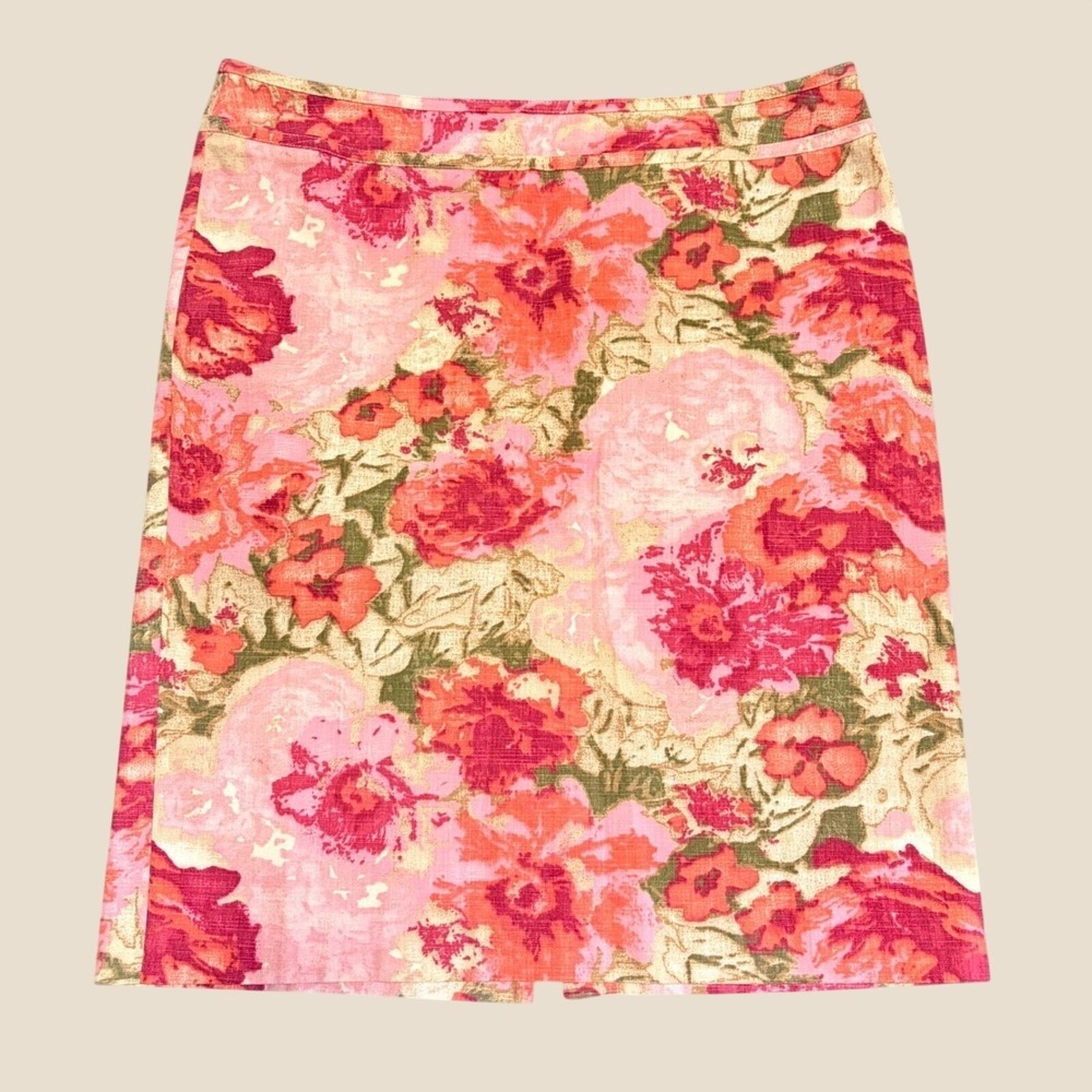 Talbots Pencil Skirt Womens 14 Pink Orange Floral Cotton prep office